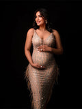 Beige Sparkly Diamond Rhinestone Mesh Tassel Sheer Bodycon Elegant Photoshoot Maternity Midi Dress Maternity