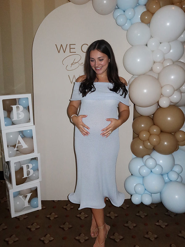 Light Blue Knit Off Shoulder Wire Ripple Hem Bodycon Elegant Cocktail Party Maternity Baby Shower Midi Dress Maternity