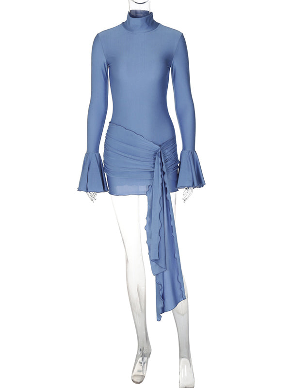 Solid Color Cascading Ruffle Irregular High Neck Draped Bodycon Falbala Elegant Flare Sleeve Bandage Party Baby Shower Maternity Mini Dress Maternity