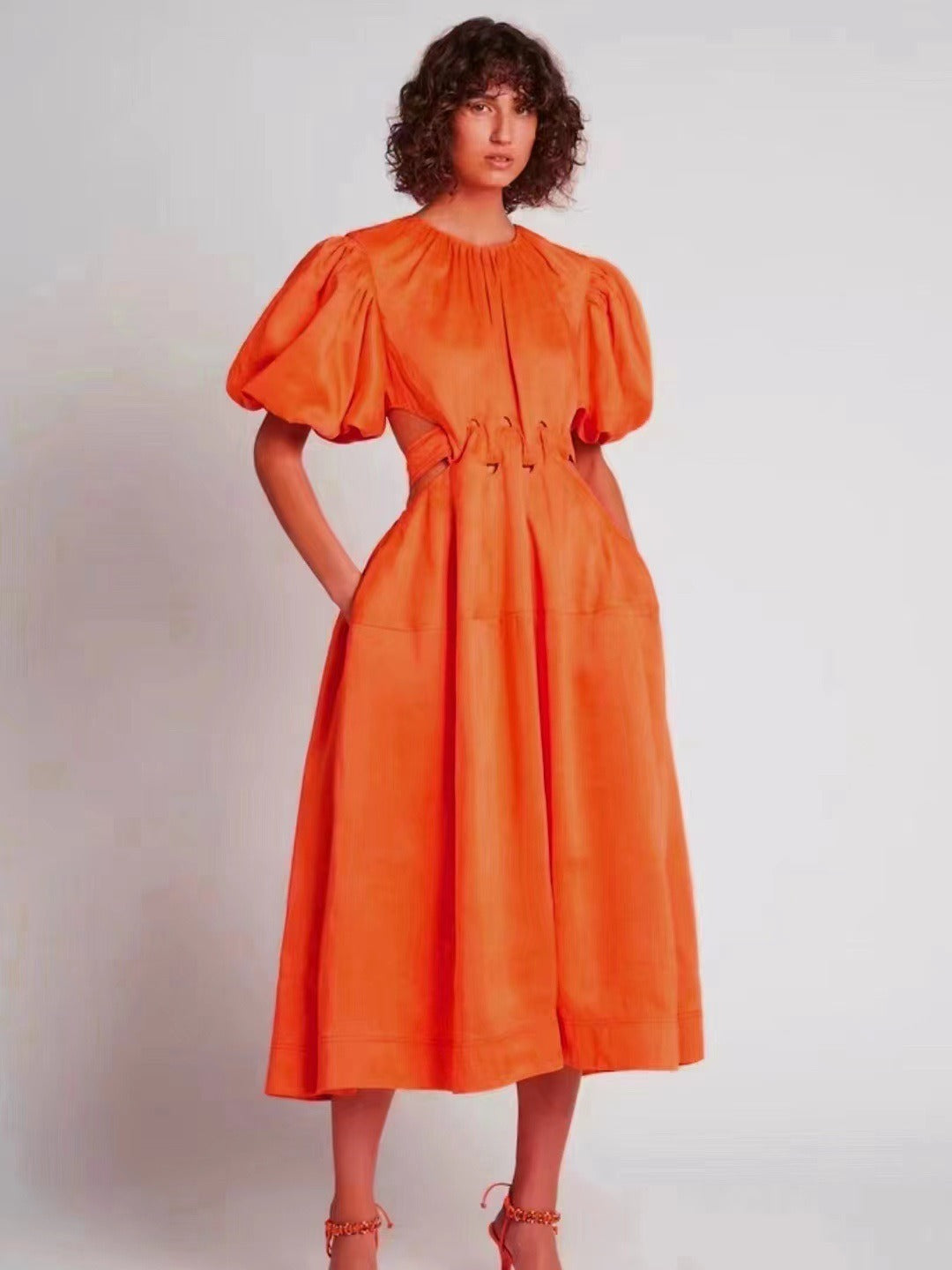 Autumn New Round-Neck Bubble Sleeve Belt To Collect Waist Hollow Long Dress Woman