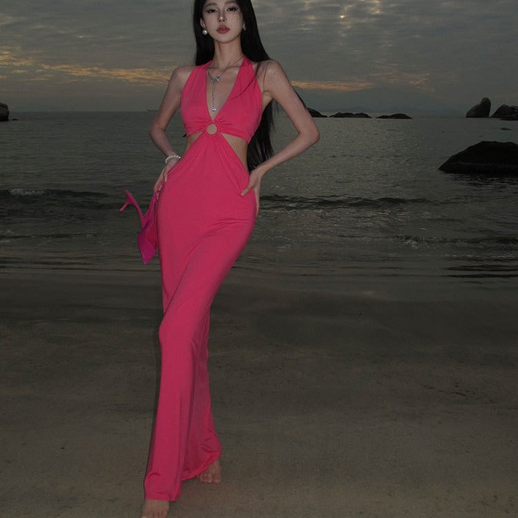 Seaside Holiday Hottie Dress Hanging Neck Sexy Splicing Hollow Bag Hip Skirt Strap Banded Back Dress Girl