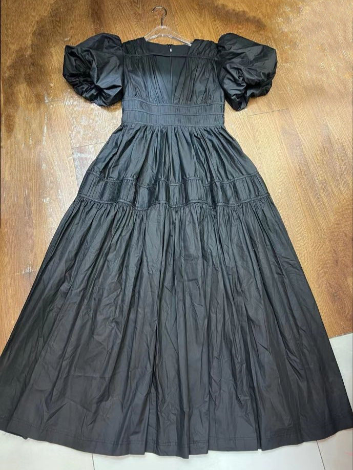 Niche 2024 Summer Wind V Collar Bubble Sleeves Short Sleeve Splicing Folds To Collect Waist Pink Dress Dress