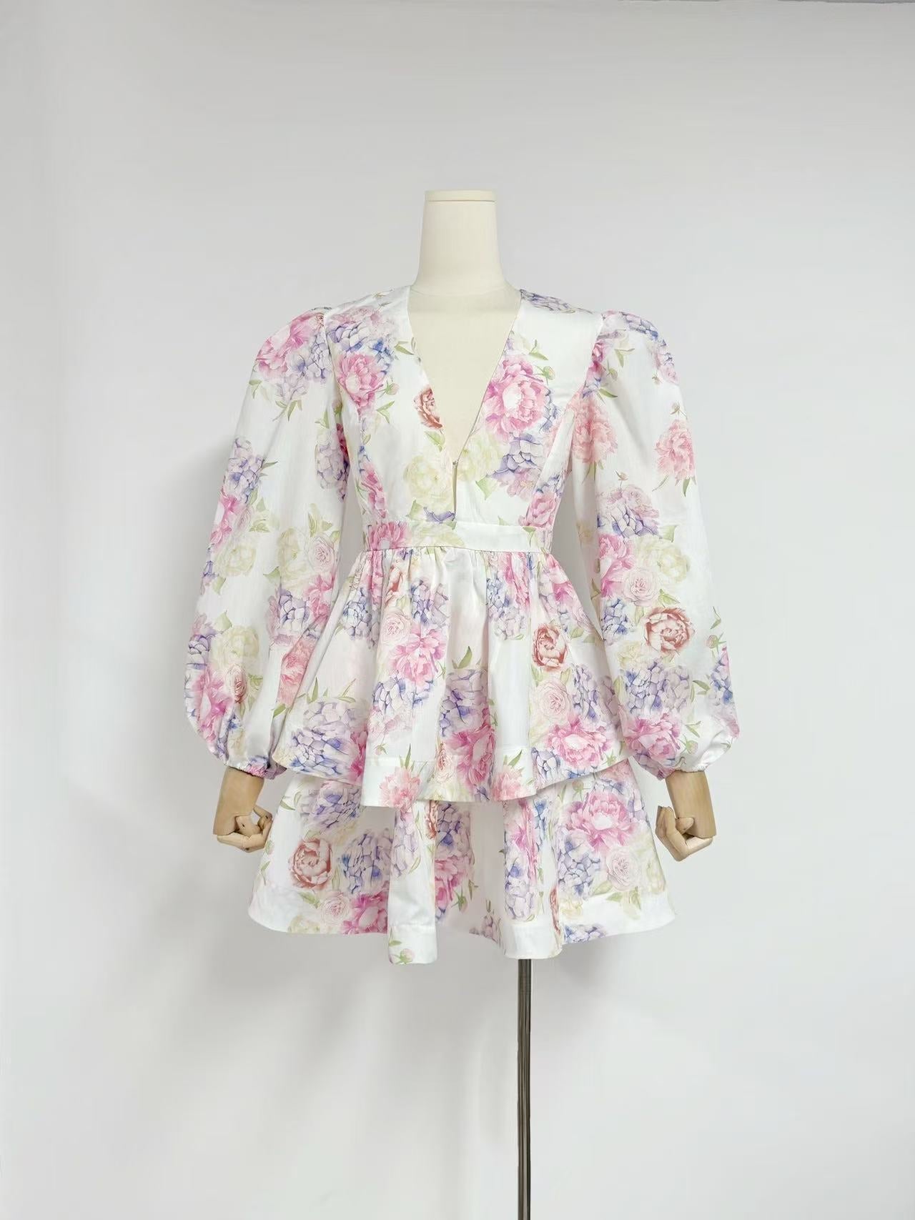 New 2024 Women's Clothing V-Neck Lantern Sleeve Print Short Dress Women