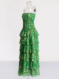 Pastoral Chiffon Dress 2025 Summer New Green Print Chest Lotus Leaf Folding Dress Dress Woman