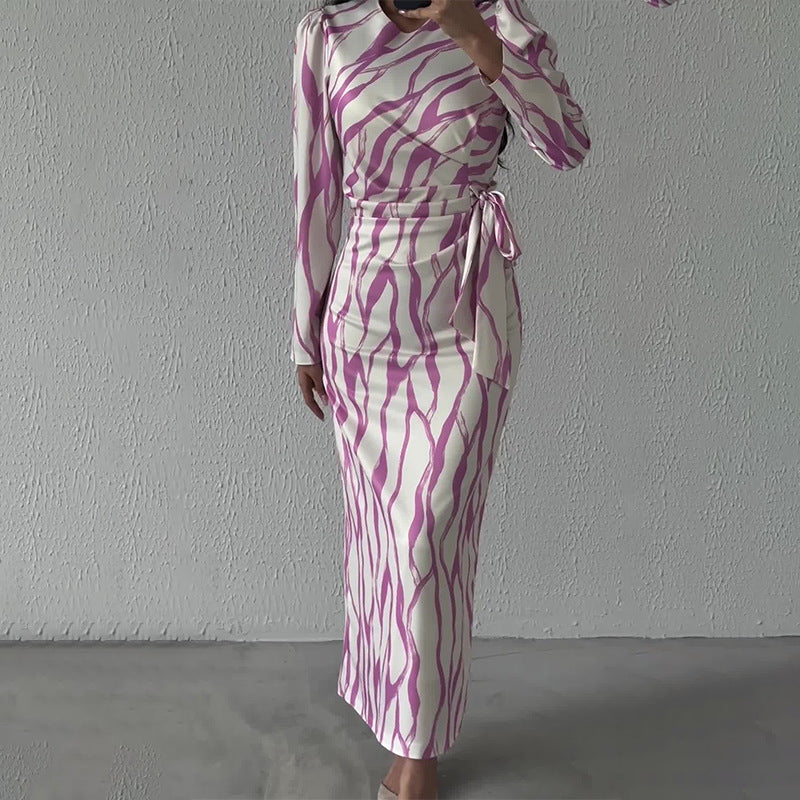 Women's Autumn Round-Neck Graffiti Long-Sleeved Striped Tie Slimming Dress