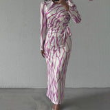 Women's Autumn Round-Neck Graffiti Long-Sleeved Striped Tie Slimming Dress