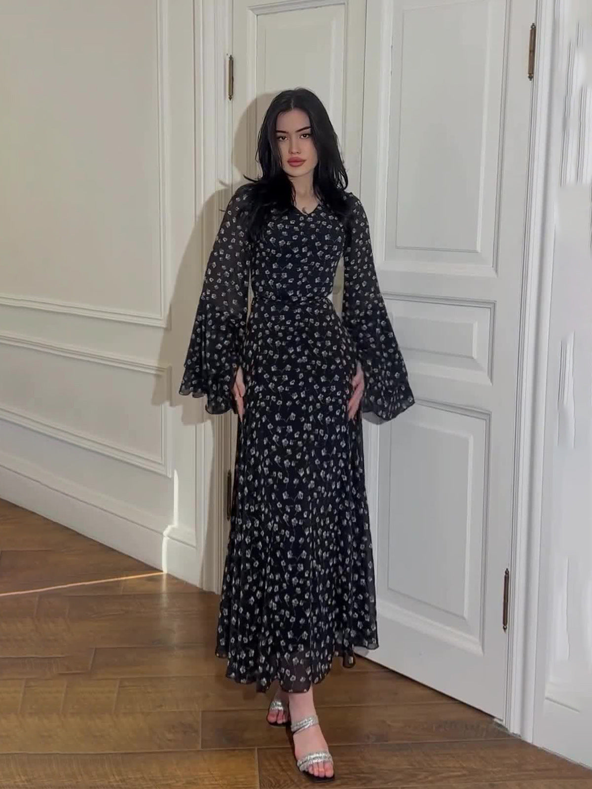 2024 New Chiffon Printing Lotus Leaf Sleeve Temperament Long Splicing Irregular Dress