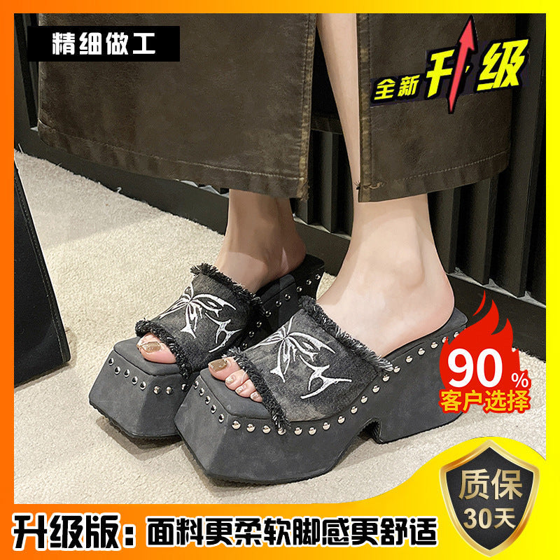 Slippers Women Wear 2024 Summer New Butterfly Thick-Bottomed Slippers Millennium Hot Girls Sexy Toe High-Heeled Sandals High Quality Shoes