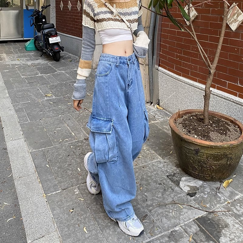 Kong Style Retro Big Pocket Workwear Jeans Women's Spring And Autumn Tide Straight Loose Hanging Wide Leg Trousers DJPT