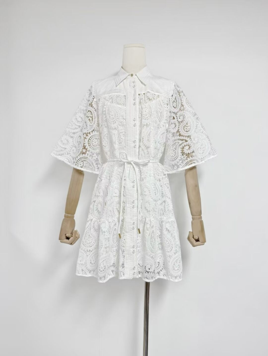 2025 Australian Collar Horn Sleeve Sleeve With Waist Retro Temperament Water-Soluble Lace Dress Skirt