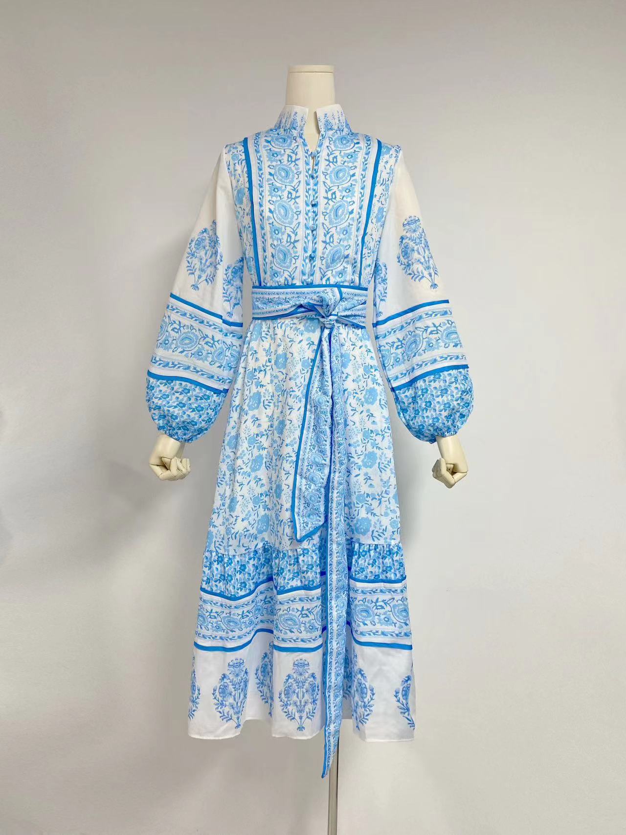 Autumn New Blue And White Printing Collar Lantern Sleeve Single Buckle Belt Waist Display Thin Dress