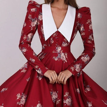 Floral Print Temperament Long-Sleeved Waist-Up Retro Swing Dress