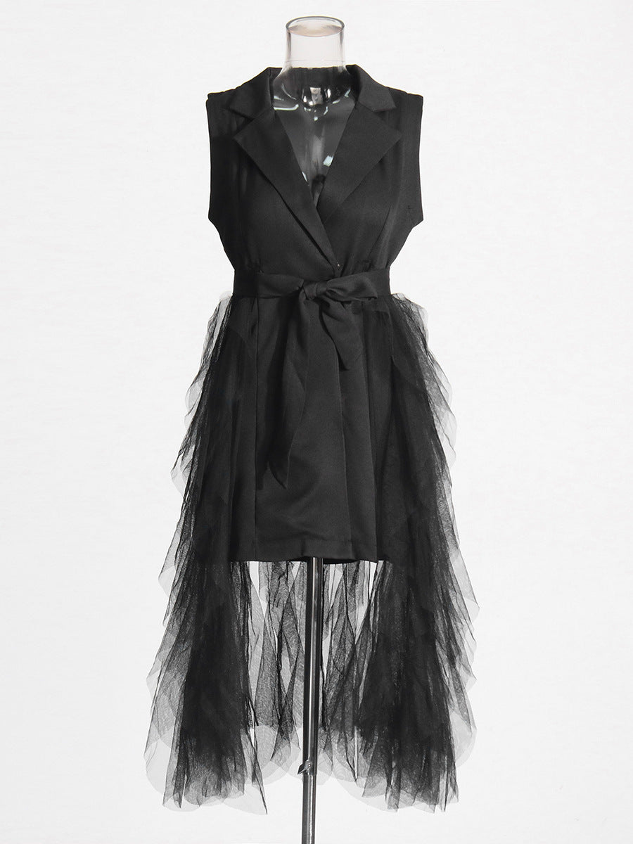 Temperament Elegant Style Suit Dress 2025 Spring New Sleeveless V-Neck Suit Mesh Splicing Dress Dress Woman