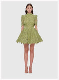 Fluffy Miniskirt 2024 Early Spring Collar Short Sleeve With Belt Water-Soluble Lace Dress Skirt