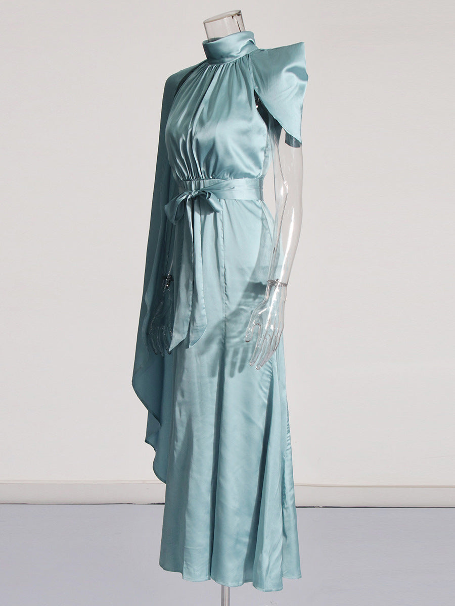 Famous Style Dress Women's Dress 2025 Spring New Collar Shoulder Fold Design Long-Sensely Fasting Skirt