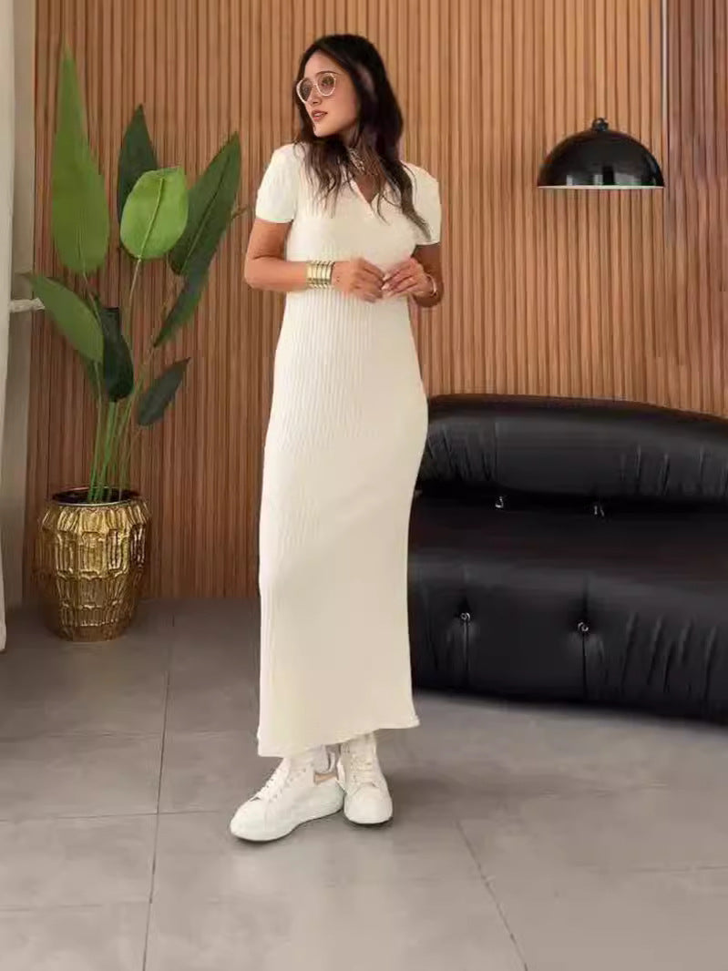 Fashion V-Neck Solid Color Comfortable Short Sleeve Dress For Fall 2024