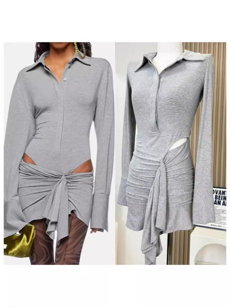 Babes Gray Long-Sleeved Polo Collar Short Dress Girl Niche Fall Sexy Irregular Hollow Dress