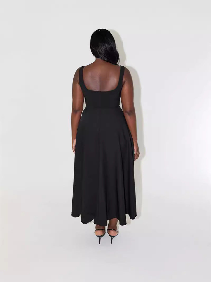 Summer New Simple Sexy Solid Color Shoulder Strap Repair Medium Long Dress