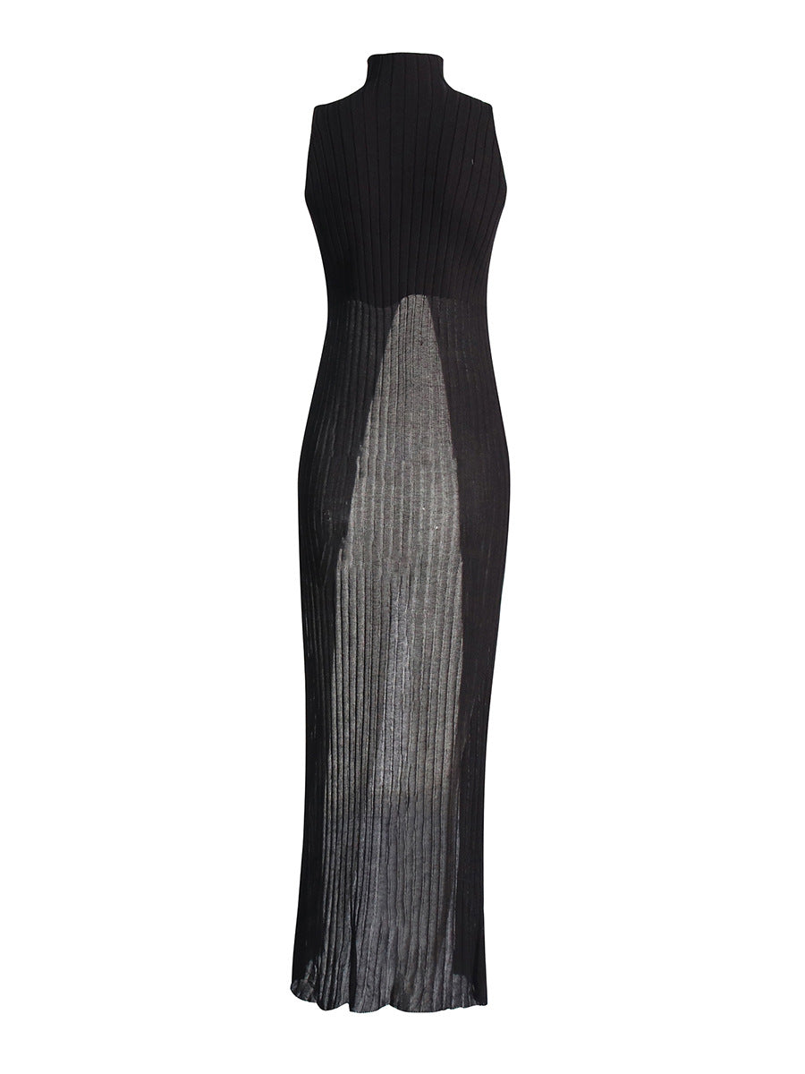 Women's Clothing 2025 Spring Personality Standing Sleeveless Open Forked Perspective Knitting Sexy Long Top
