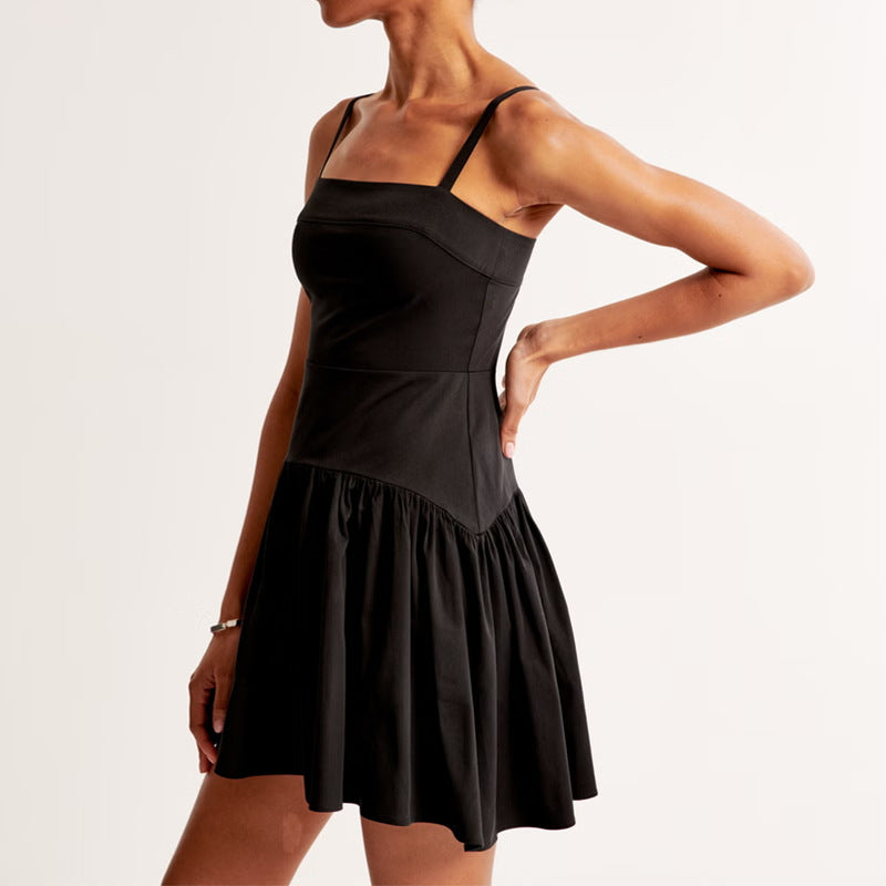 Summer New Fashion Waist Solid Color Pressure Fold Solid Color Sling Dress