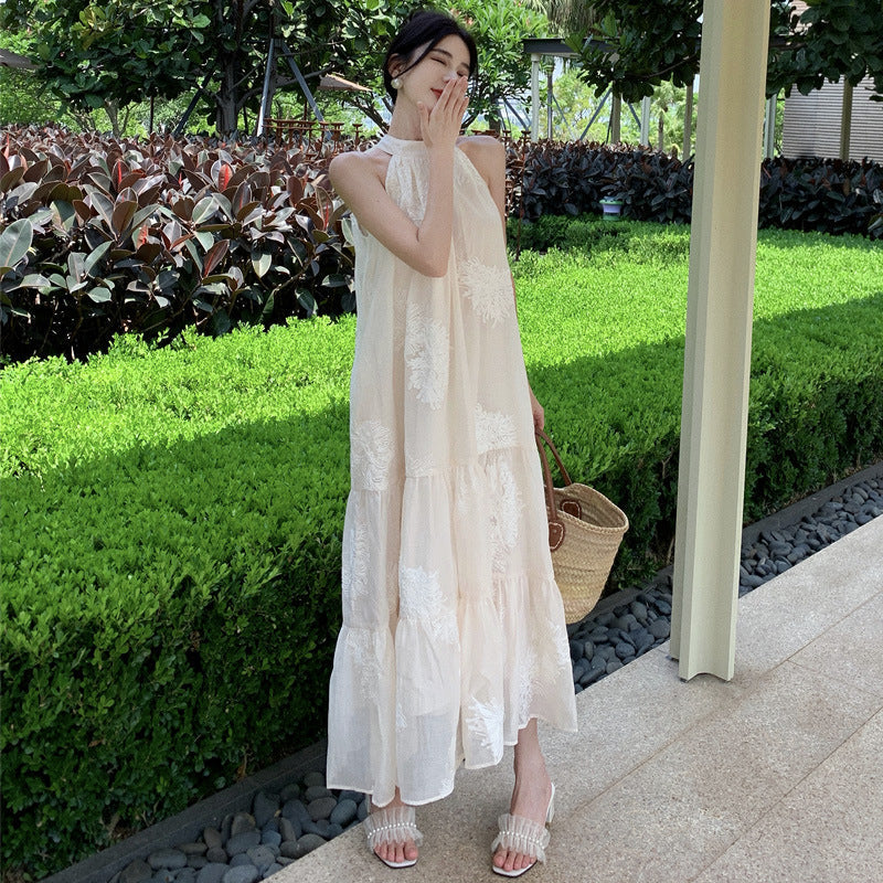 Summer Dress French Apricot Embroidered Hanging Neck Dress Sleeveless Shoulder Big Skirt Holiday Dress Dress