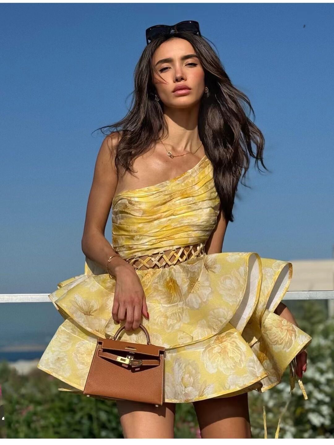 Oblique Shoulder Small Dress Holiday Wind Shoulder Pressure Folding With Hollow Print Ponbo Cake Skirt Skirt Tide