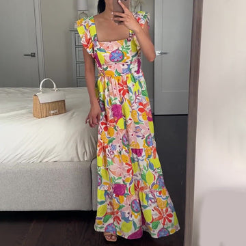 Women's Summer Leader Flying Flying Flying Sleeves Shredded Floral Skirt High Waist Repair Splicing Umbrella Skirt Woman