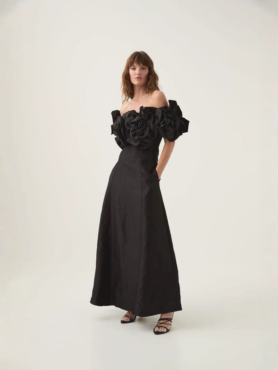 2025 Spring New A Dress Word Three-Dimensional Flowers Long Dress Dress Woman