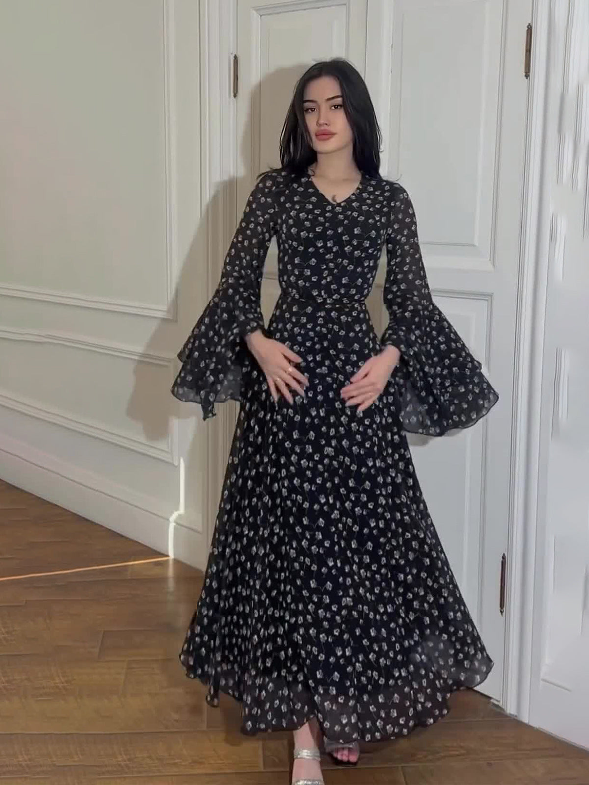 2024 New Chiffon Printing Lotus Leaf Sleeve Temperament Long Splicing Irregular Dress