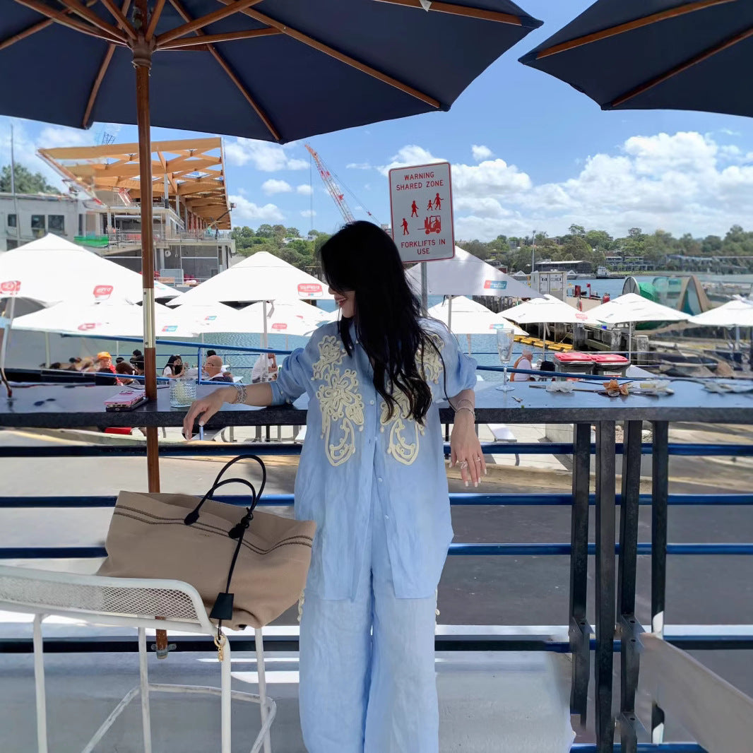 Unique Embroidered Blue Shirt Broad Leg Pants Two Sets Of Women 2025 Early Spring Wear