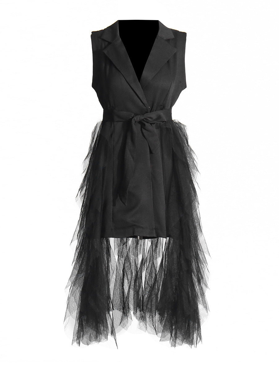 Temperament Elegant Style Suit Dress 2025 Spring New Sleeveless V-Neck Suit Mesh Splicing Dress Dress Woman