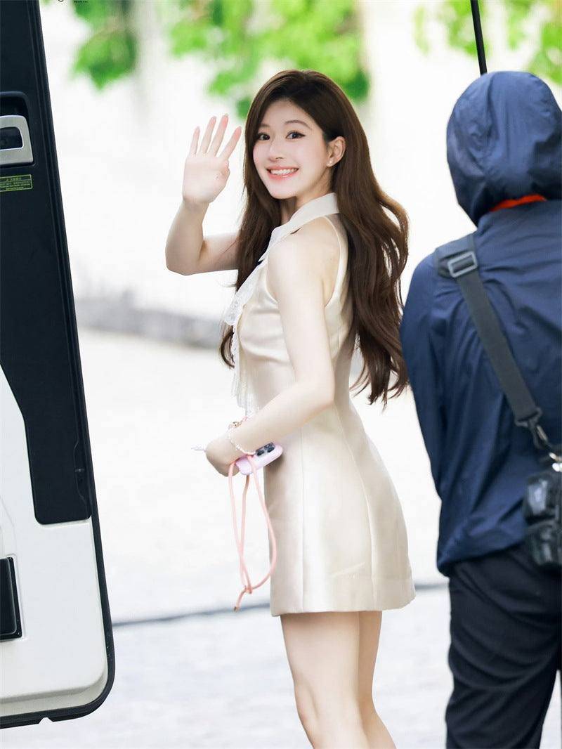 Luth's Same Thousand Gold Lace Hanging Neck Dress Female Summer Temperament Short Sleeveless Clame Skirt