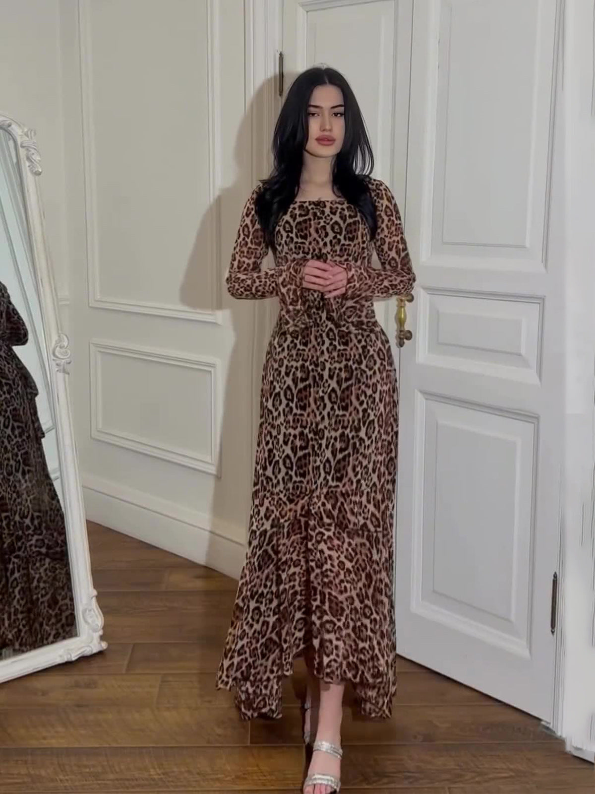 2024 New Chiffon Leopard-Print Lotus Sleeve Temperament Long Splicing Irregular Dress