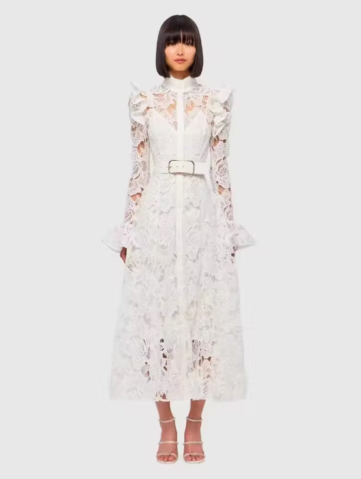 Water-Soluble Lace Dress 2025 Spring Temperament Embroidery Empty Belt With White Dress Dress