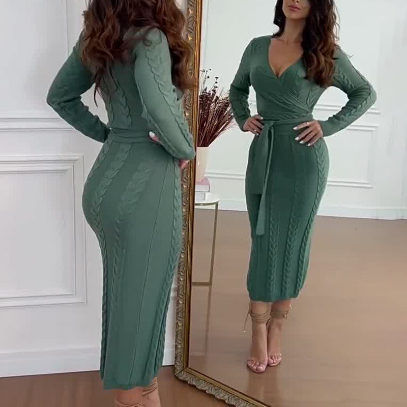 Women's Autumn V-Neck Long Sleeve Knitted High Waisted Tice With A Tinged Dress