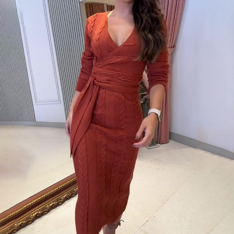 Women's Autumn V-Neck Long Sleeve Knitted High Waisted Tice With A Tinged Dress