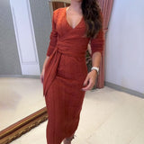 Women's Autumn V-Neck Long Sleeve Knitted High Waisted Tice With A Tinged Dress