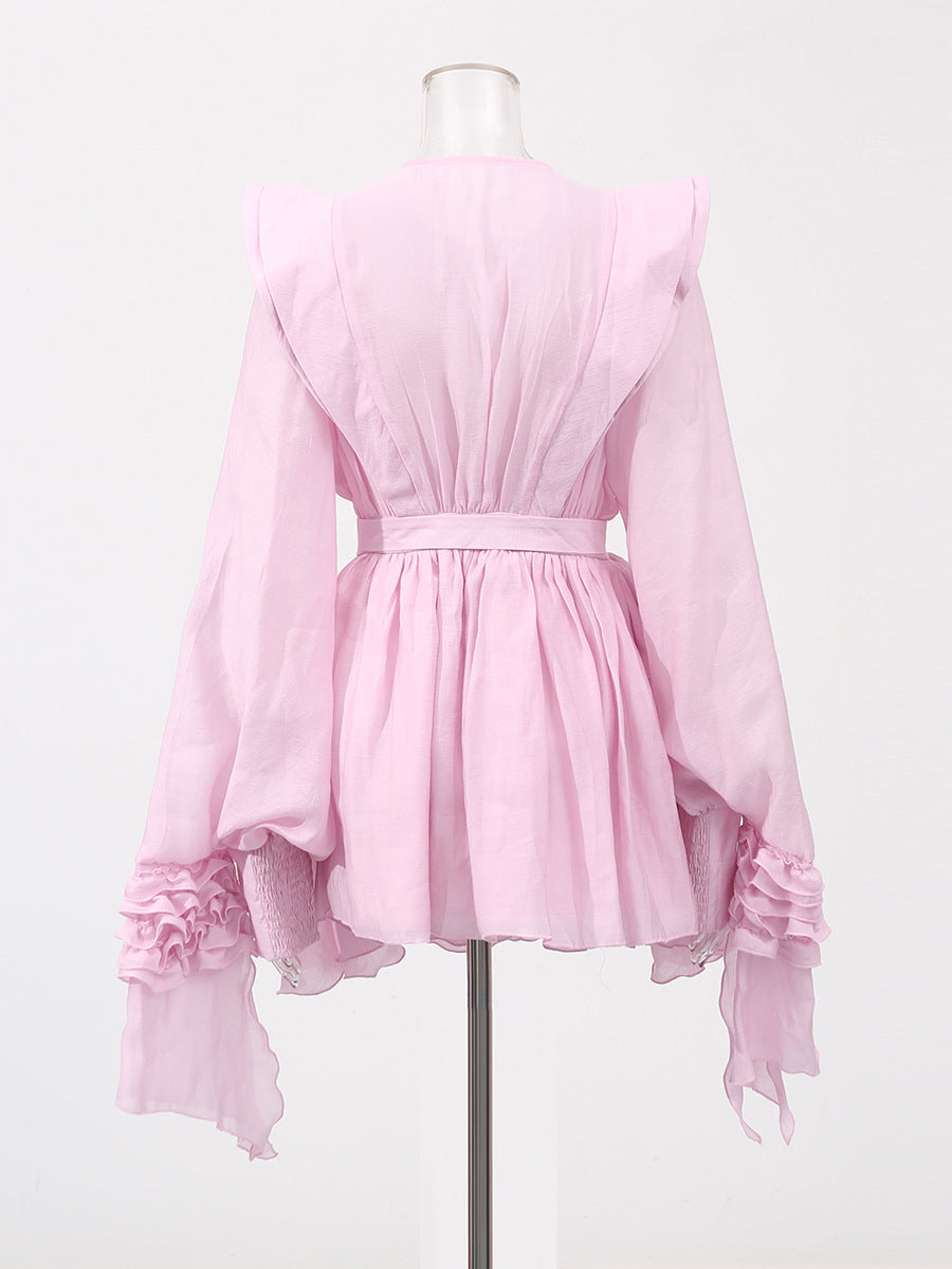 Lotus Leaf Side Solid Dress 2025 New Female Summer Round Lantern Sleeve With Belt Splicing Dress