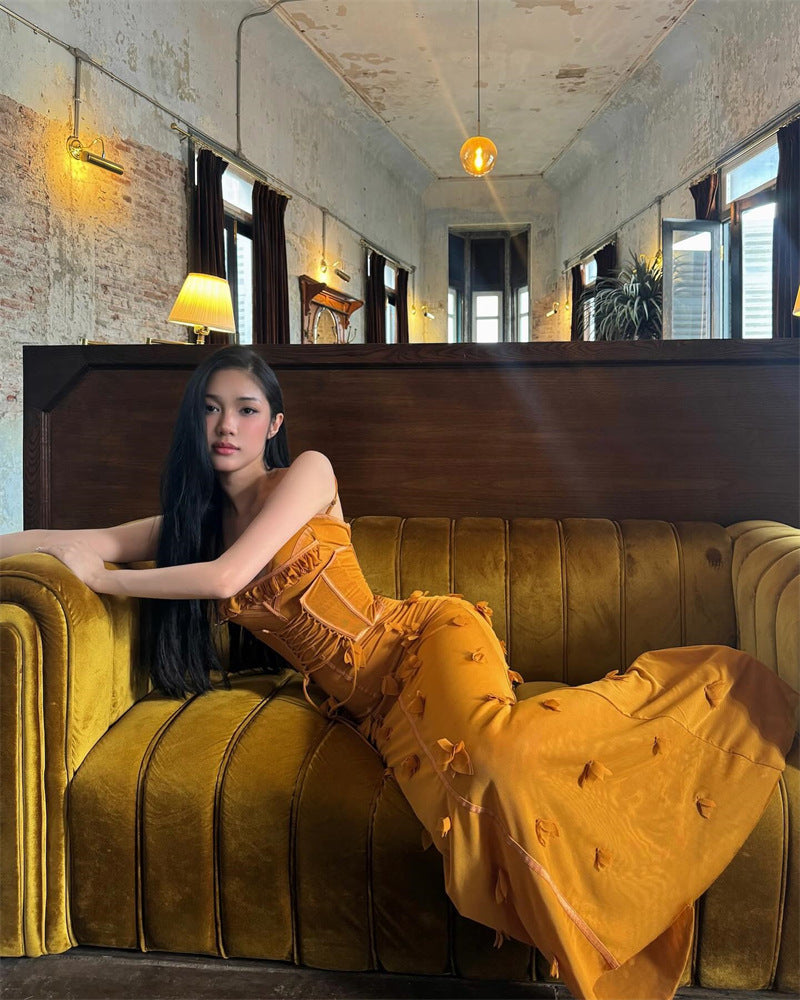 And Summer 2025 New Female Vietnamese Small Fish Bone Sling Net Yarn Dress To Collect Waist Thin Flower Dress Dress