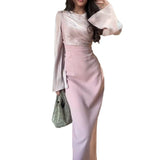 Women's Autumn Round-Neck Long Sleeve Splicing Long Skirts To Repair Height Waist Skirt Women