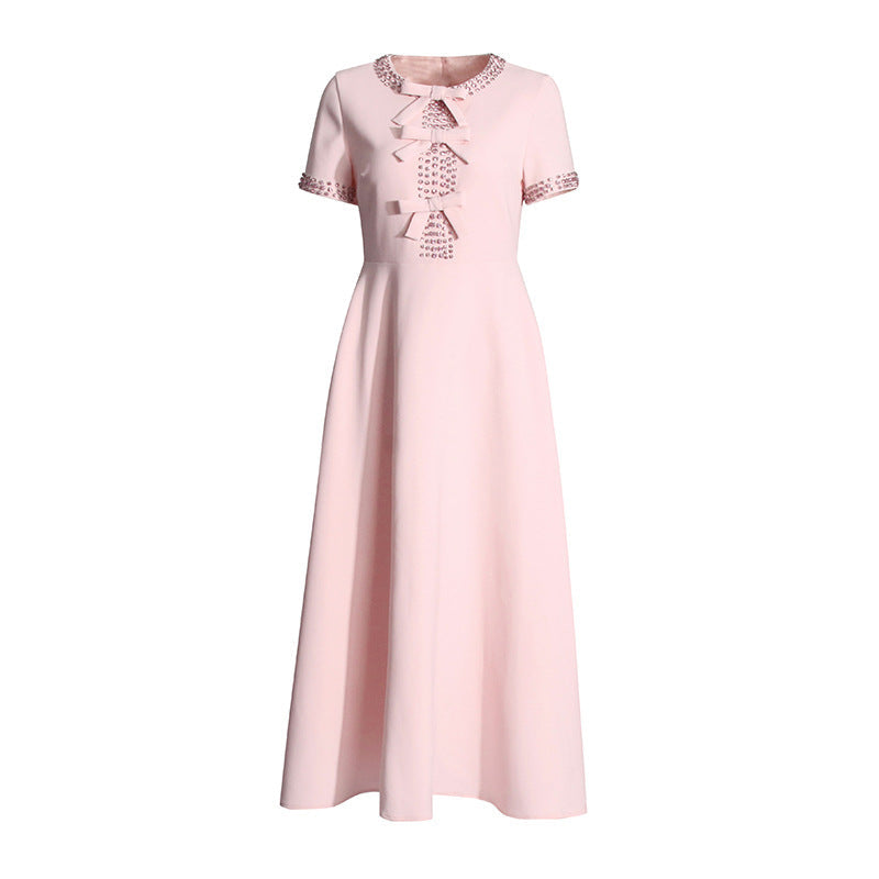 2025 New High-End Heavy Industry Nail Diamond Dress High Waist Round Bow Dress Woman