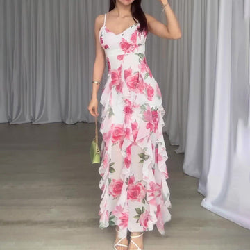 Women's Summer Sling Dress Crumped Floral Skirt High Waist Quality Fairy Holiday Dress