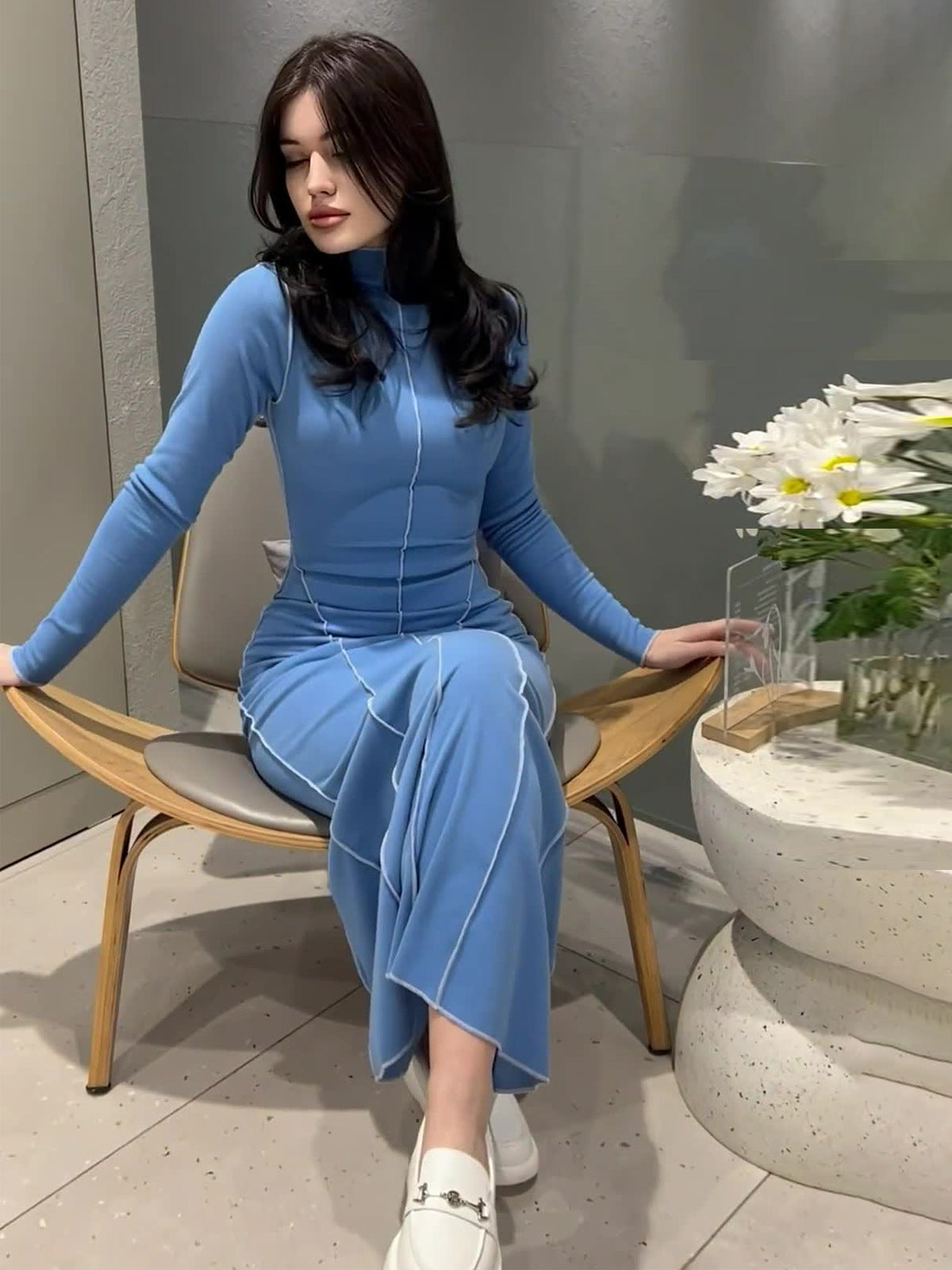 Autumn New Women's Bag Hips Waist Thin Line Pull A-Word Dress