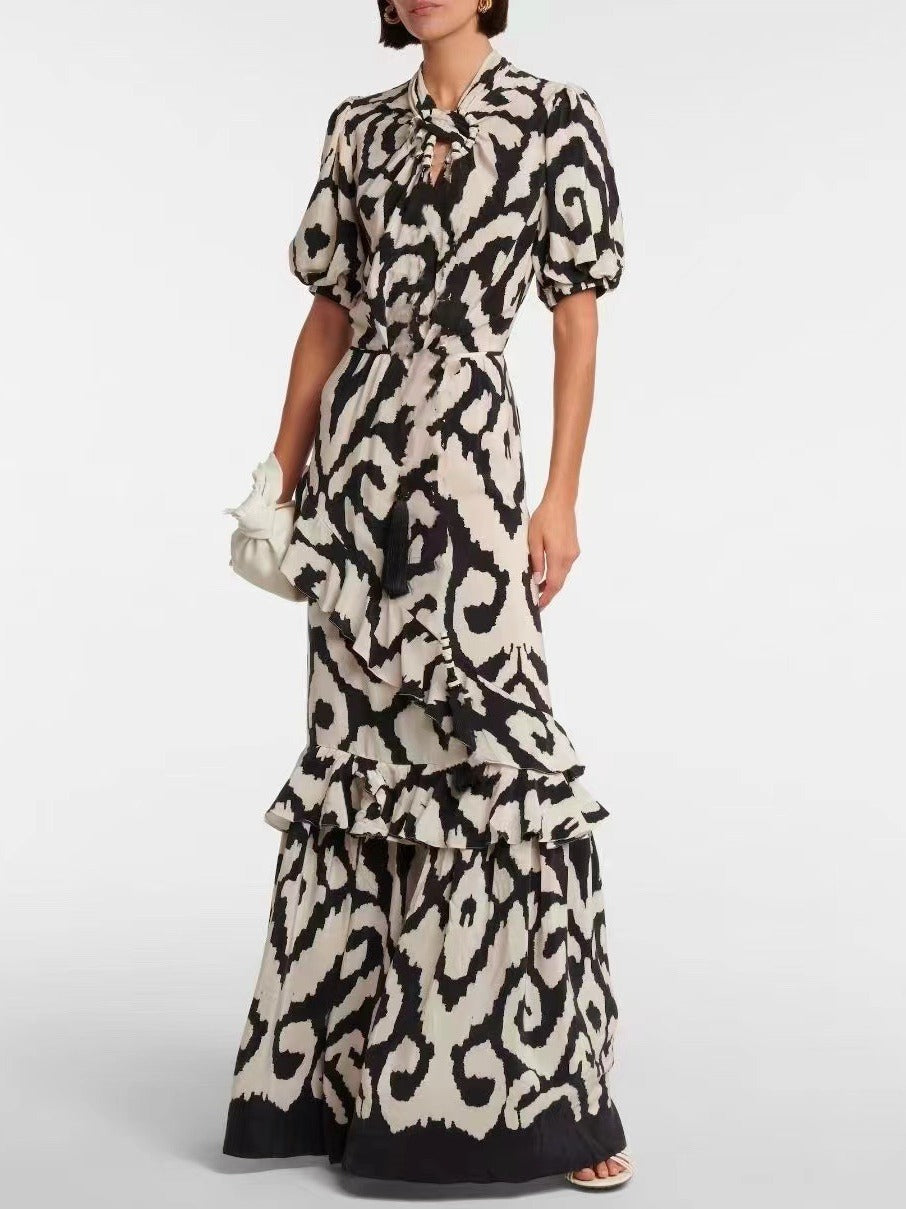 Niche 2025 Autumn New Scarf Neckline Short-Sleeved Lotus Side Splicing Print To Collect Waist Long Dress Dress Woman