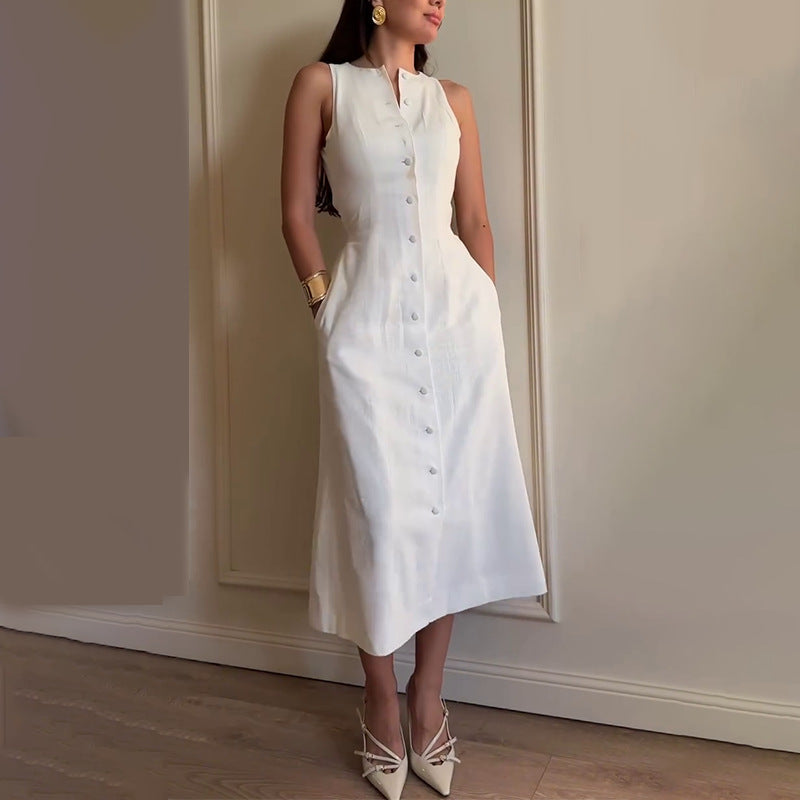 Summer New Women's Sleeveless Button Open Shirt Waist Temperament Fashion Dress
