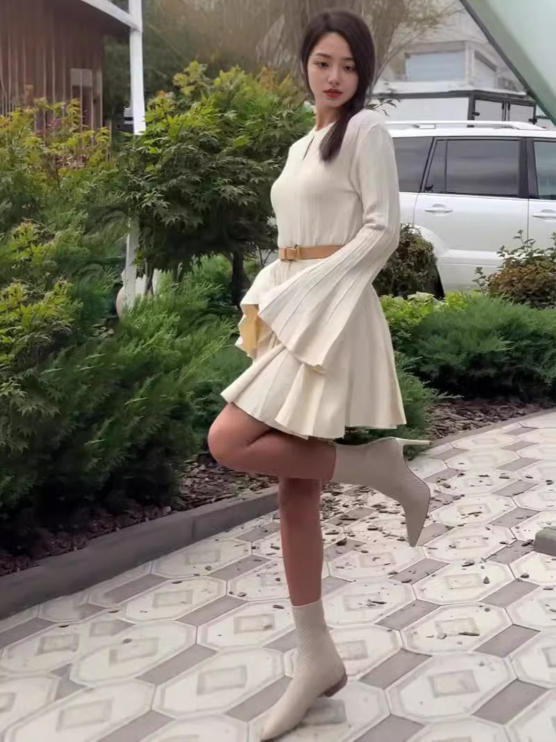 French Fashion Lotus Leaf Side Comfortable Solid Color Dress In Autumn 2024