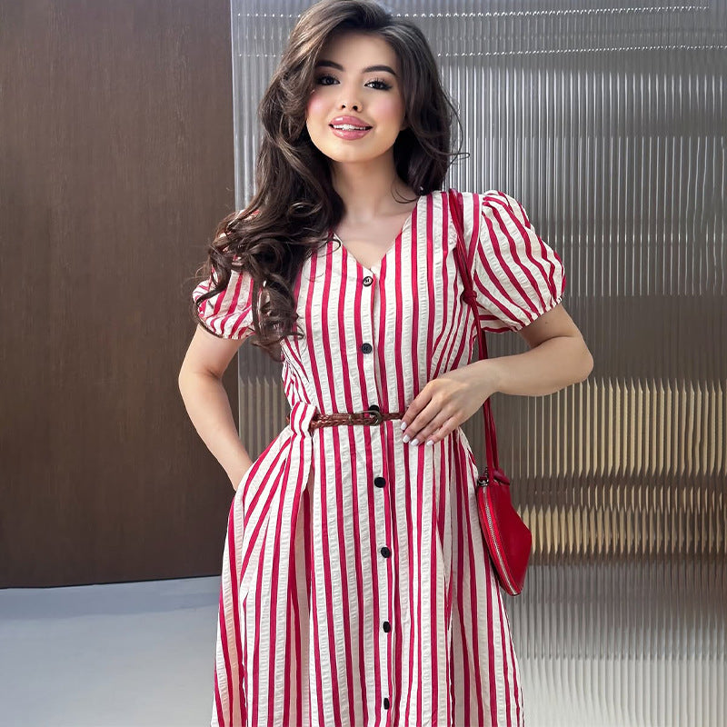 Solid-Color V-Neck Short-Sleeved Multi-Button Belt Casual Dress In Autumn 2025