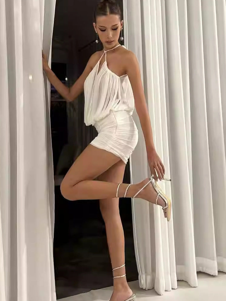 Babes V-Neck Hanging Neck Sling Dress Female Niche Temperament Striped With Thin Ass Short Skirt