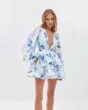 New 2024 Women's Clothing V-Neck Lantern Sleeve Print Short Dress Women