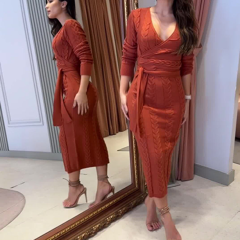 Women's Autumn V-Neck Long Sleeve Knitted High Waisted Tice With A Tinged Dress